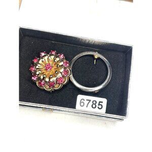 Barclay Vintage Gold Tone Brooch With Pink Rhinestones and circle brooch bundle